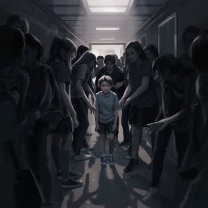 A young boy stands looking down in a dimly lit school hallway, surrounded by a crowd of taller, intimidating students